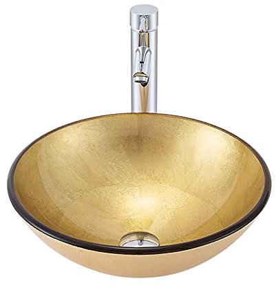 Aufsatzwaschbecken fürs Badezimmer, Aufsatzwaschbecken aus gehärtetem Glas, Aufsatzwaschbecken mit runder, Goldener Aufsatzwaschbeckenschüssel mit Wasserhahn, Abflusskombination und Befestig