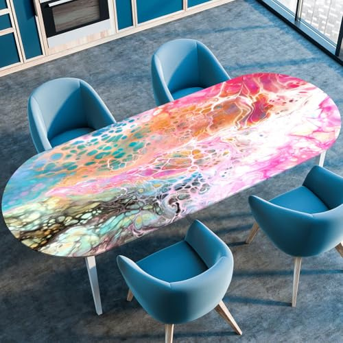 Treer Tischdecke Oval mit Elastischem Rand,Fleckschutz Ovale Tischdecke, Marmordruck Tischdecke Abwaschbar Oval,Lotuseffekt Tischdecke für Küche, Esszimmer,Picknick (91x152cm,Bunt)