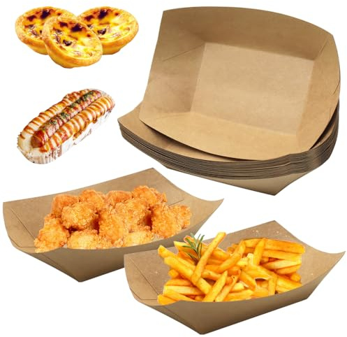 Aoyswuz 50 Pezzi Vassoi in Cartone Kraft 165 * 120 * 25 mm Rivestimento Alimentare Vassoio per Alimenti Fritti, Vassoio Kraft per Fast Food, Snack