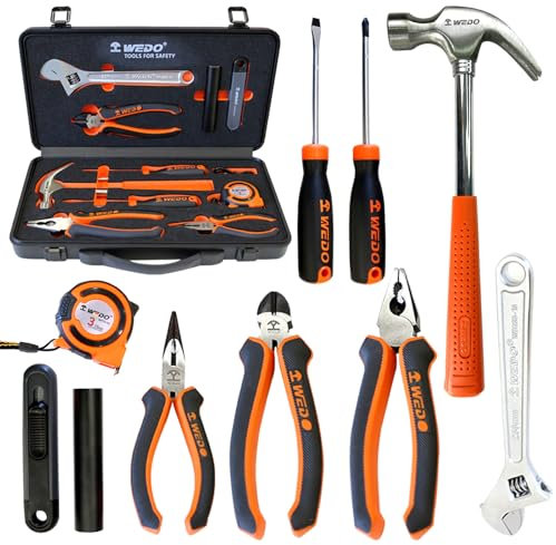 WEDO Juego de herramientas de 10 piezas, kit de mano general para el hogar, alicates combinados, alicates de corte lateral, llave ajustable, destornilladores ranurados y de cabeza cruzada, caja de