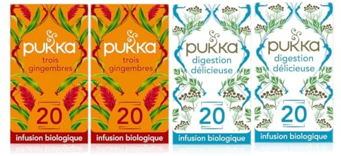 Pukka - Pack Trois Gingembre & Digestion Délicieuse| infusions Biologiques & Ayurvédiques| Issus du Commerce Équitable 80 Sachets | Lot de 4x20 sachets