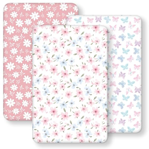 FIEMOL Baby Spannbettlaken Beistellbett 55x90 cm Spannbetttuch, 3er-Pack Mikrofaser Bettlaken Beistellbett, Ultrasanft & Seidigglatt Rosa Schmetterlingsblume