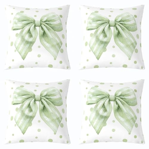 Loussiesd Coquette Bows - Set di 4 federe per cuscino quadrate, 40 x 40 cm, motivo fiori di pesco, reversibile, con fiocco verde, decorazione per la casa, per donne e uomini, stile principessa