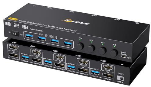 YOUTINGHDAV KVM Switch 4 PC 2 Monitor HDMI DisplayPort 8K @60Hz 4K@144Hz, USB 3.0 KVM Switch Dual Monitor per 4 PC condividono tastiera, mouse e stampante, con Wired Remote