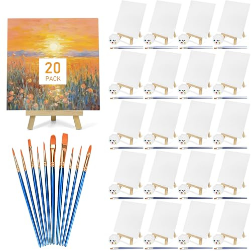 20 Pack 15cm Canvas Boards for Painting, Art Canvas for Drawing with 50 Brushes & 20 Paint Trays, Mini Painting Canvas with Easel Set, Painting Kits for Adults & Kids Party