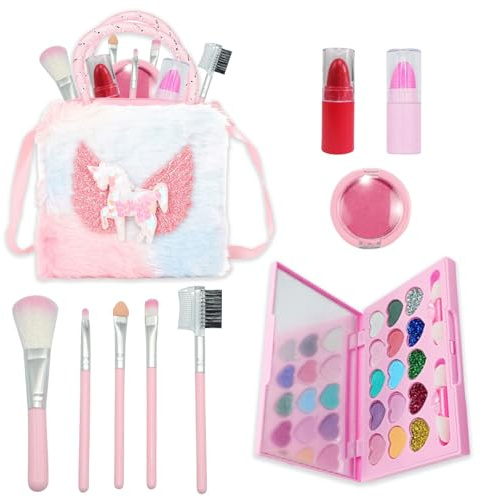 AYNKH Makeup Sets for Girls, Unicorn Handbag Children's Washable Makeup Starter Kit with Brushes, Princess Pretend Play Games Toys for Ages 3-12 Girls Birthday Christmas Halloween Party Gift