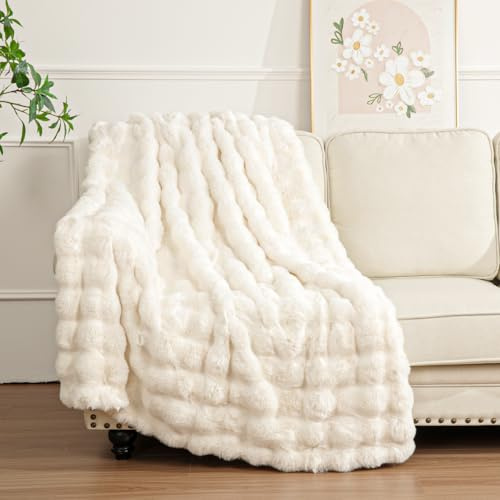 Enyhom Bubble Decke 127x152 cm Creme, Kaninchen Fellimitat Flauschig Weiche Warme Kuscheldecke, Sofadecke für Sofa Couch Bett Haustier Schlafzimmer Wohnzimmer Deko