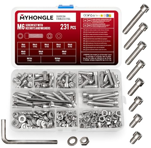 231 Pcs M6 Nuts and Bolts Set, Hex Socket Head Cap Screws Bolts and Nuts Set, Assorted Bolt and Nut Set with Washers, Stainless Steel Machine Screws Assortment Kit for Repair Fastener (M6-231)