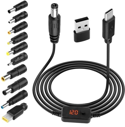 Cable Adaptador PD a DC, Voltaje Ajustable 5V/9V/12V/15V/20V, Conector Type C a Conector DC5521 con Adaptador USB+10 Cabezas Convertidor DC, Compatible con Portátil, Router, Hub USB (1,2 m, 60 W)
