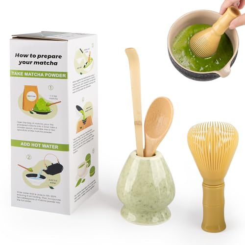 4 Piece Matcha Japanese Ceremony Set, Resin Matcha Whisk, Bamboo Spoon, Bamboo Scoop, Whisk Stand, Perfect Set for Preparing, Yellow - Speckled Green