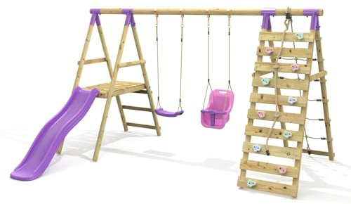 Rebo® Wooden Swing Set with Deck and Slide Plus Up and Over Climbing Wall - Moonstone Purple | OutdoorToys | Sturdy Wooden Construction, Pressure Treated Timber