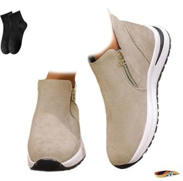 POIOZXD Zapatos deportivos de plataforma para mujer, botines de plataforma de gamuza sintética con cremallera lateral, cómodos zapatos casuales para caminar, beige, 38 EU