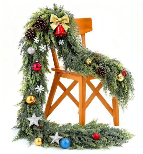 Real Touch Christmas Cedar Garland-6ft Artificial Garlands Faux Cedar Fake Pine Needles Garland for Fireplace Winter Home Stairs Mantel Table Doorframe Indoor Outdoor Xmas Decorations(6ft)