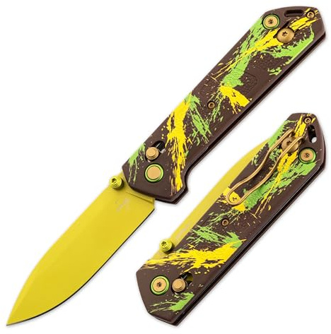 BÖKER PLUS® Kihon Dubai Chocolate - Einhandmesser mit Draht-Clip - Crossbar Lock Taschenmesser mit 8,2 cm Droppoint Klinge - Klappmesser mit Daumen-Pin & Kugellager - 1 Hand-Messer in Geschenk-Box