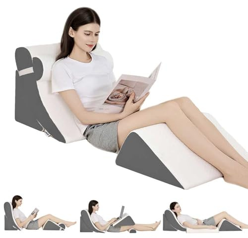 LevNubis 4PCS Orthopedic Bed Wedge Pillow Set for Post Surgery & Pain Relief, Adjustable Wedge Pillow for Back,Acid Reflux,Sitting up in Bed,Recovery,Snoring,Body Pillow for Sleeping (White/Dark Grey)