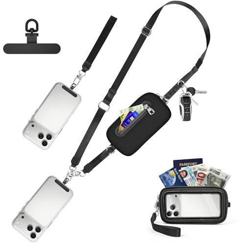 takyu Crossbody Phone Lanyard Pouch, Clip and go Strap for Phone with Wallet Adjustable iPhone anti theft strap with ID Window and Zipper, Black