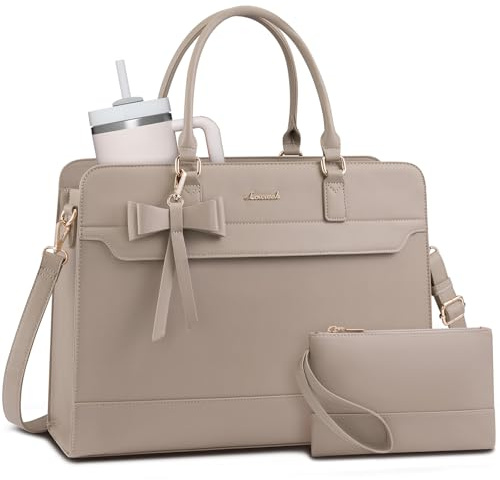 LOVEVOOK Laptop Bags for Women, 15.6 Inch Ladies Handbags Large Work Tote Bags with Compartments, PU Leather Womens Handbag Shoulder Bag for Office School Business Shopping, Taupe