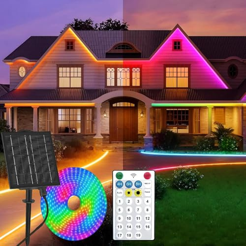Gaoxun Solar LED Strip Außen, 15m 960 LED Outdoor Streifen IP65 Wasserdicht mit Fernbedienung, Dimmbar, 19 Modi, Selbstklebend LED Band für Garten, Zaun, Pavillon Deko, Farbwechsel und Warmweiß