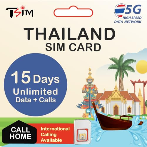 Thailand SIM-Karte 15 Tage unbegrenzte Daten + lokale Anrufe (bis 15 Min. nach Hause) | 4G/5G Highspeed | Automatische Aktivierung | Instagram & Google Maps | Hotspot/Tethering | 24/6 Support