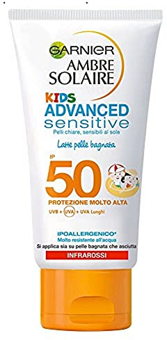 Garnier Ambre Solaire Advanced Sensitive Kids Protection Solaire pour Enfants Spray Gachette Protecteur, IP 50+, 200 ml Lait protecteur 150 ml