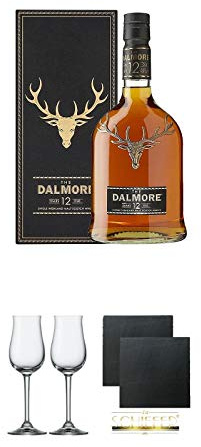 Dalmore 12 Jahre The Twelve Single Malt Whisky 0,7 Liter + Stölzle Nosingglas für Destillate 2 Gläser - 2050030 + Schiefer Glasuntersetzer eckig ca. 9,5 cm Ø 2 Stück