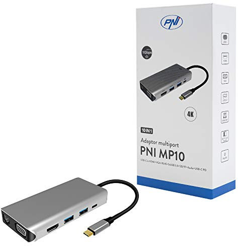 PNI Adaptador multipuerto MP10 USB-C a HDMI, VGA, 3 x USB 3.0, SD/TF, RJ45, Audio 3.5, USB-C PD, 10 Salidas