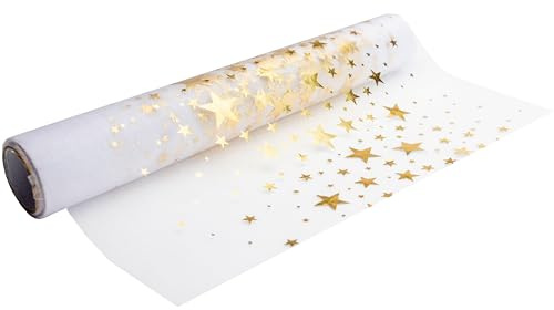 100%Mosel Organza Tischläufer Sterne, in Gold (28 cm x 5 m), Tischband | Edle Tischdeko für Weihnachten und Adventszeit, Festliche Dekoration zu besonderen Anlässen