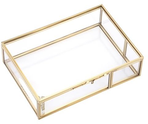 Hipiwe Gold Glass Photo Box,Vintage Photo Storage Organizer, Trinket Box Jewelry Display Organizer Keepsake Box Case Home Decor (Small)