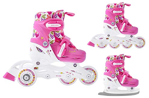 SMJ Hearts Kinder Mädchen Set 3in1 Inliner/Rollschuhe/Schlittschuhe VERSTELLBAR | ABEC5 Inline Skates | Umbaubar zu Eislaufschuhe (S (30-33))
