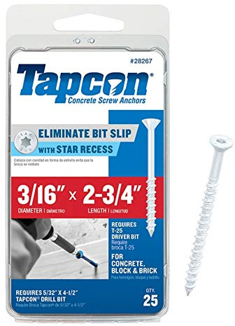 Tapcon 3/16 x 2-3/4 Star Head Climaseal™ Concrete Screws, White, 25 PCS