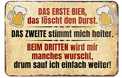 Lustiges Bier Spruch Blechschild - witziges Retro Deko Metallschild mit Kordel und Saugnapf - Dekoration Werkstatt Partykeller Bar Biergarten Partyraum - Geschenk Biertrinker Bierbrauer - 18x12cm