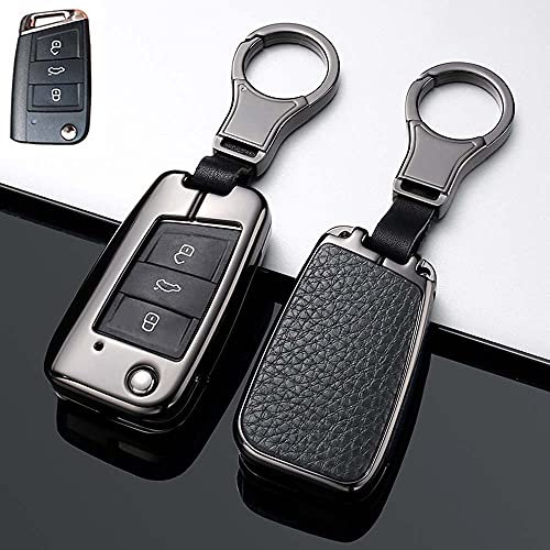 HIBEYO Autoschlüssel Hülle für VW Golf 7 Cover Leder Schutzhülle mit Schlüsselanhänger für Jetta MK7 GTI MK7 Skoda Octavia Superb A7 Seat Leon Schutz Etui Schlüsselbox 3 Tasten-Schwarz