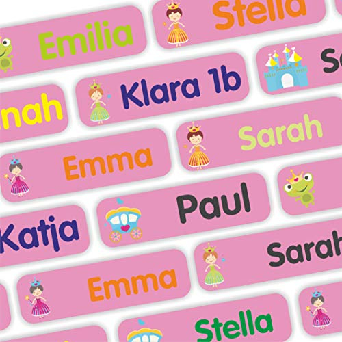 INDIGOS UG - Namensaufkleber Kinder Schule - Märchen - rosa - 120 Sticker - 35x10mm - Etiketten selbstklebend für Gegenstände - wasserfeste Klebeetiketten - Kindergarten - Stifte, Federmappen