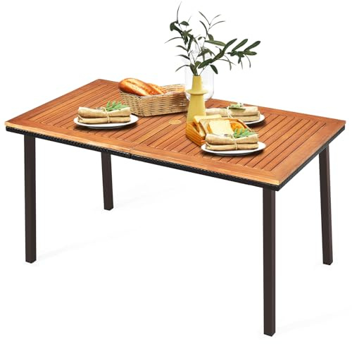 LIFEZEAL Table de Salle à Manger avec Trou de Parasol, Table de Jardin en Bois d'Acacia avec Pieds en Métal, Table à Manger pour Cuisine, Terrasse, Jardin, 140 x 75 x 75,5 cm