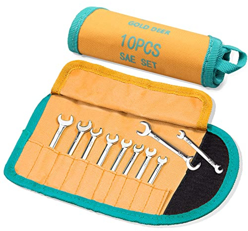 GOLD DEER Set di 10 mini chiavi a doppia estremità aperta, standard SAE 5/32-7/16, extra sottile, con custodia arrotolabile, piccola chiave a doppia estremità aperta, set di chiavi di accensione