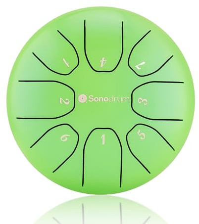 Sonodrum Zungentrommel Standard C - Dur in Grün - 14 cm klein mit 8 Tönen - Steel Tongue Drum inkl. Liederbuch, Schlägel, Fingersticks und Tragetasche - Notenlesen nicht nötig, einfach zu spielen.