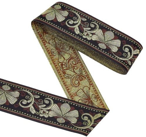 FINGERINSPIRE 9.1 m Jacquardband 50 mm Schwarzes Ethnisches Metallisches Goldband Einseitig Bestickter Spitzenbesatz Blumenmuster Vintage Band Für DIY Bekleidungsaccessoires Dekorationen