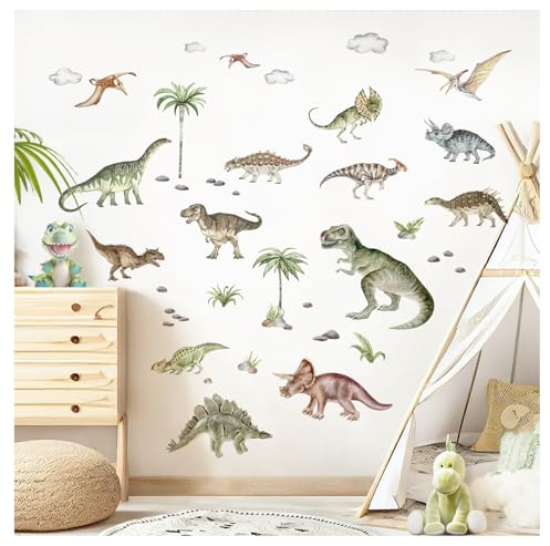 DEKO KINDERZIMMER Wandtattoo 15 Dinosaurier Set Wandsticker für Babyzimmer Dinos Tiere Wandaufkleber Kinderzimmer Junge Spielzimmer Wanddeko DK1141-04