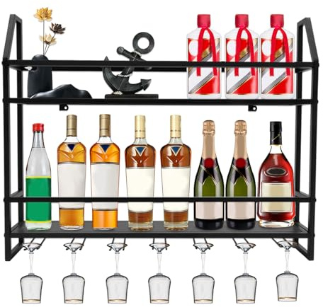 CCAUUB 3-Tier Wine Racks, Wall Mounted Wine Glass Holder, Industrial Wine Holder Organiser with Storage, Coffee Bar, Black