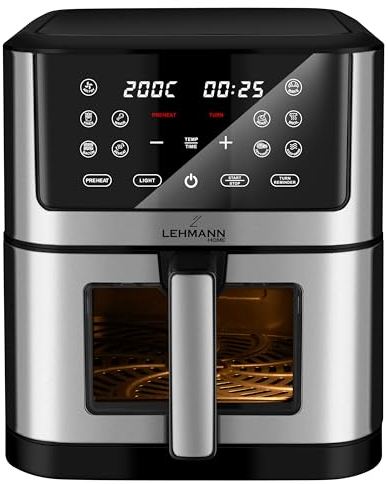 Lehmann Friteuse à air chaud XXL 8 litres, 1800 W avec réglage de la température jusqu'à 200°C, Air Fryer avec 10 programmes, minuterie, manger sainement sans huile, cuire, rôtir, sécher