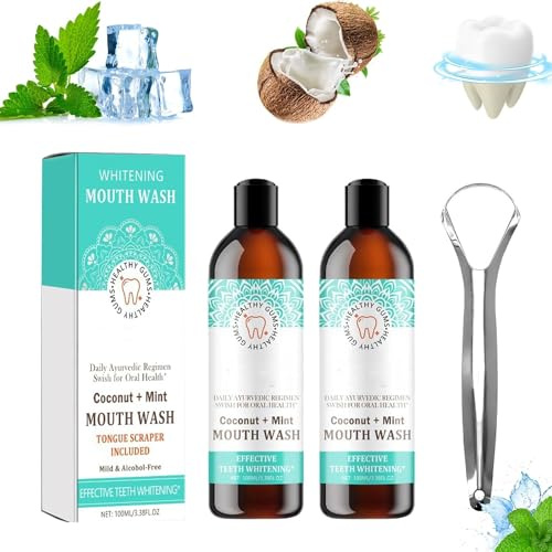 Coconut Mint Mouthwash,Mouthwash Mint Oil Pulling Mouthwash with Tongue Scraper,Coconut Oil Pulling for Teeth,Natural Essential Oils with Peppermint,Fresh Breath,Supports Healthy Gum (2 Pcs)