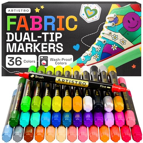ARTISTRO 36 Fabric Markers - Dual-Tip Fabric Markers Permanent for Clothes - No Bleed Fabric Pens for T-Shirts, Bags, Textile, Canvas, and more (Brush Tip and Fine Tip)