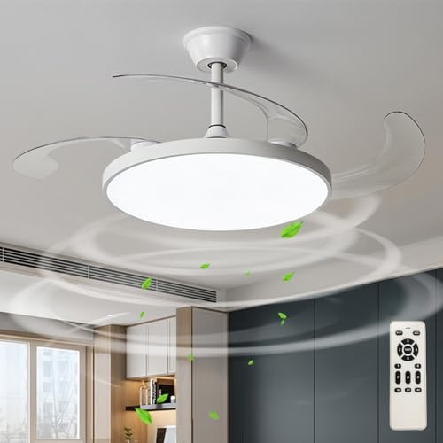 Grande Ventilador De Techo Con Luz Y Mando A Distancia Silencioso Dormitorio Retráctil Ceiling Fan with Light Regulable Reversibile Moderno Lampara Ventilador Inteligente 6 Velocidades-White||95cm