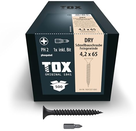 TOX Schnellbauschrauben DRY FG 4,2 x 65 mm, Schrauben schwarz phosphatiert mit Trompetenkopf + Feingewinde, Gipskartonplatte auf Metall-Unterkonstruktion, PH2, 500 Stück, inkl. 1x Bit, 142453214265