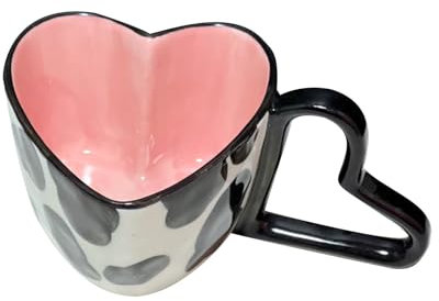 Jarsense 300ML Heart Shaped Ceramic Mug with Handle, Hand Painted Breakfast Oatmeal Mug, Creative Tea Mug Milk Mug (Cow) - 300ML Capacity
