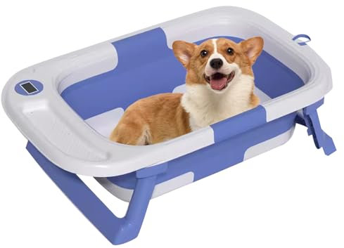 PJDDP Badewanne Mit Ablaufventil Für Hunde Und Katzen, Faltbare Hundewanne, Hundeplanschbecken rutschfest, Tragbare Hundebadewanne,Blau