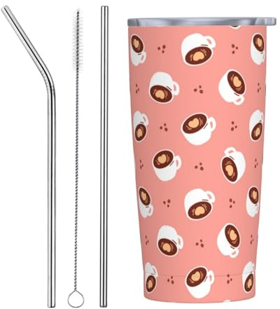 VOSERY Vaso de agua de 20 onzas con tapa y popote, taza blanca con estampado de café, vaso aislado rosa, vasos de acero inoxidable, taza de café de viaje, vaso personalizado