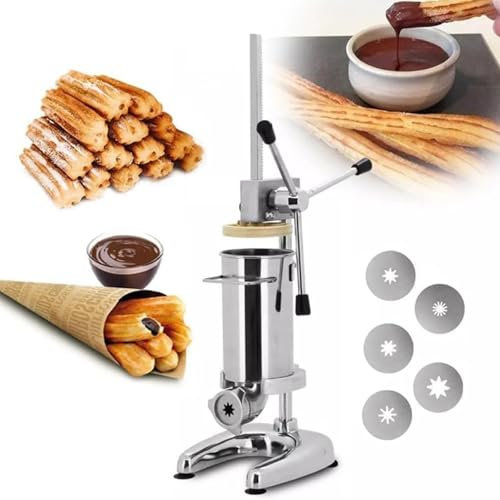 LSBHPPD Macchina Churro Manuale,Macchina Churros Commerciale per Ciambelle spagnole manuali da 2L e 3L, 5 Tipi di stampi, churrera Spagnola Verticale in Acciaio Inossidabile,2L