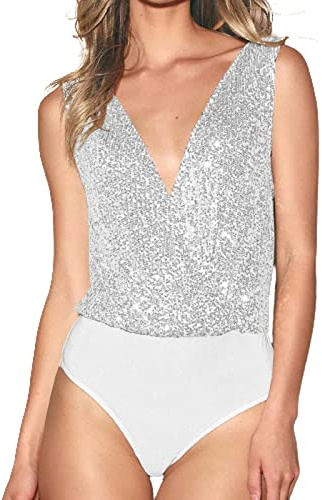 Duohropke Body da Donna a Manica Lunga con Scollo Profondo a V, Canotta Senza Maniche, Top a Busto, Shapewear, Body String, Sottoveste, Tops, Jumpsuit, argento, M