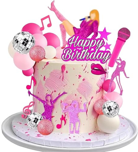 NIEEKRUN 26PCS Pink Music-Themed Singer Birthday Cake Decoration Set with Superstar Toppers, Guitars, Records & Disco Balls for DIY Cakes & Cupcakes